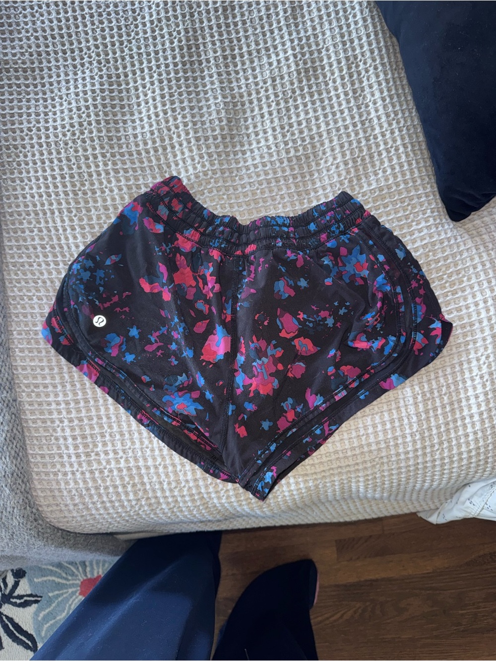 lululemon athletica Black Athletic Shorts with Pink & Blue Abstract Print